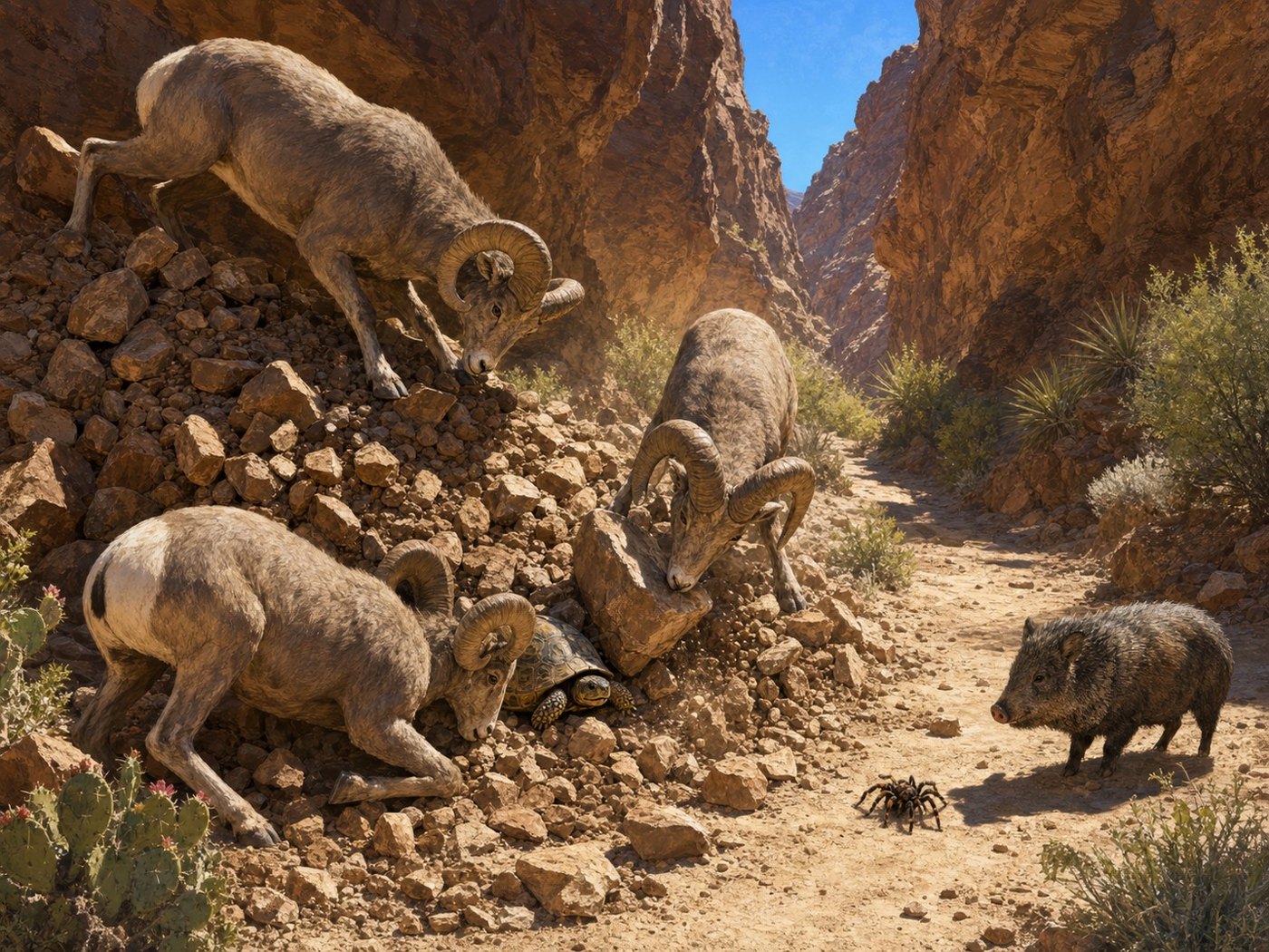 Later in Chapter Ten: bighorn sheep clear fallen rock in a desert canyon as Jasper the tortoise emerges